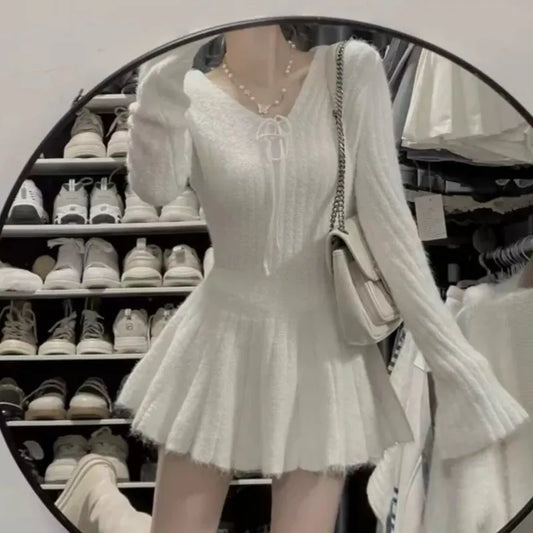 Sexy Solid Autumn Winter Elegant Knitted Dresses for Woman Y2K Harajuku Slim Sweater Dress New Korean Chic Mini Party Dress