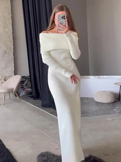 Fashion Knit Long Dress Off-Shoulder Female Ribbed Loose High Waist Elegant Autumn Party Dress Ladies Knitwear Maxi Dress