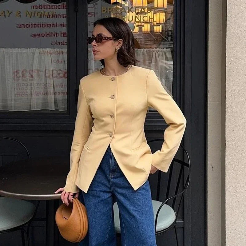 Fashion Solid Office Coats Women Casual O Neck Long Sleeve Pockets Single Breasted Female Jackets 2024 Autumn Elegant Lady Tops