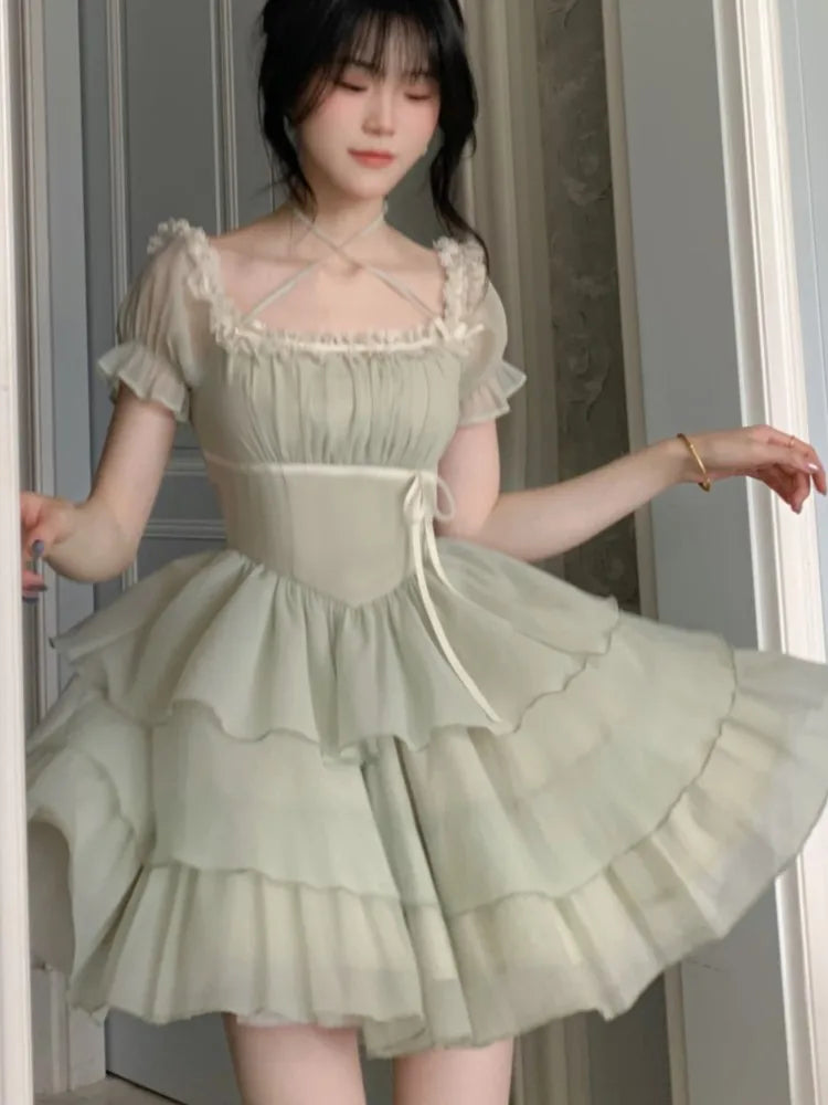 Y2K Princess Birthday Party Dress Lace Patchwork Short Dresses for Women Puff Sleeves Ruffles A-line Cake Vestido Mujer  New