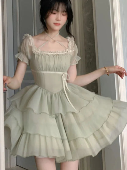 Y2K Princess Birthday Party Dress Lace Patchwork Short Dresses for Women Puff Sleeves Ruffles A-line Cake Vestido Mujer  New