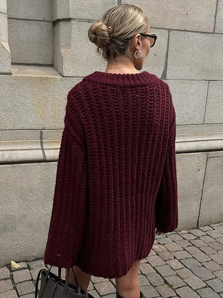 Casual Knitted Solid Mid Long Sweaters Women Loose O-neck Long Sleeve Dark Red Pullover Sweaters Female Autumn Chic Street Tops