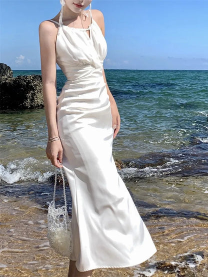 Elegant Bodycon Satin Dresses for Women Halter Sleeveless Slim Mermaid Evening Party Dress Prom Robe Summer New Vestidos Mujer