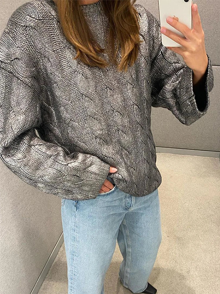 Vintage Knitted O-neck Sweater Women Casual Loose Sliver Long Sleeve Pullover Sweaters Female Winter Chic High Street Knitwear
