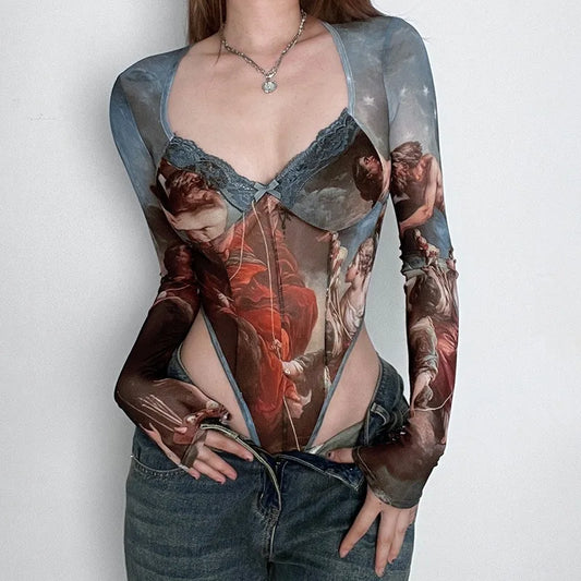 Colorblock Mesh Stitching Sheer Top