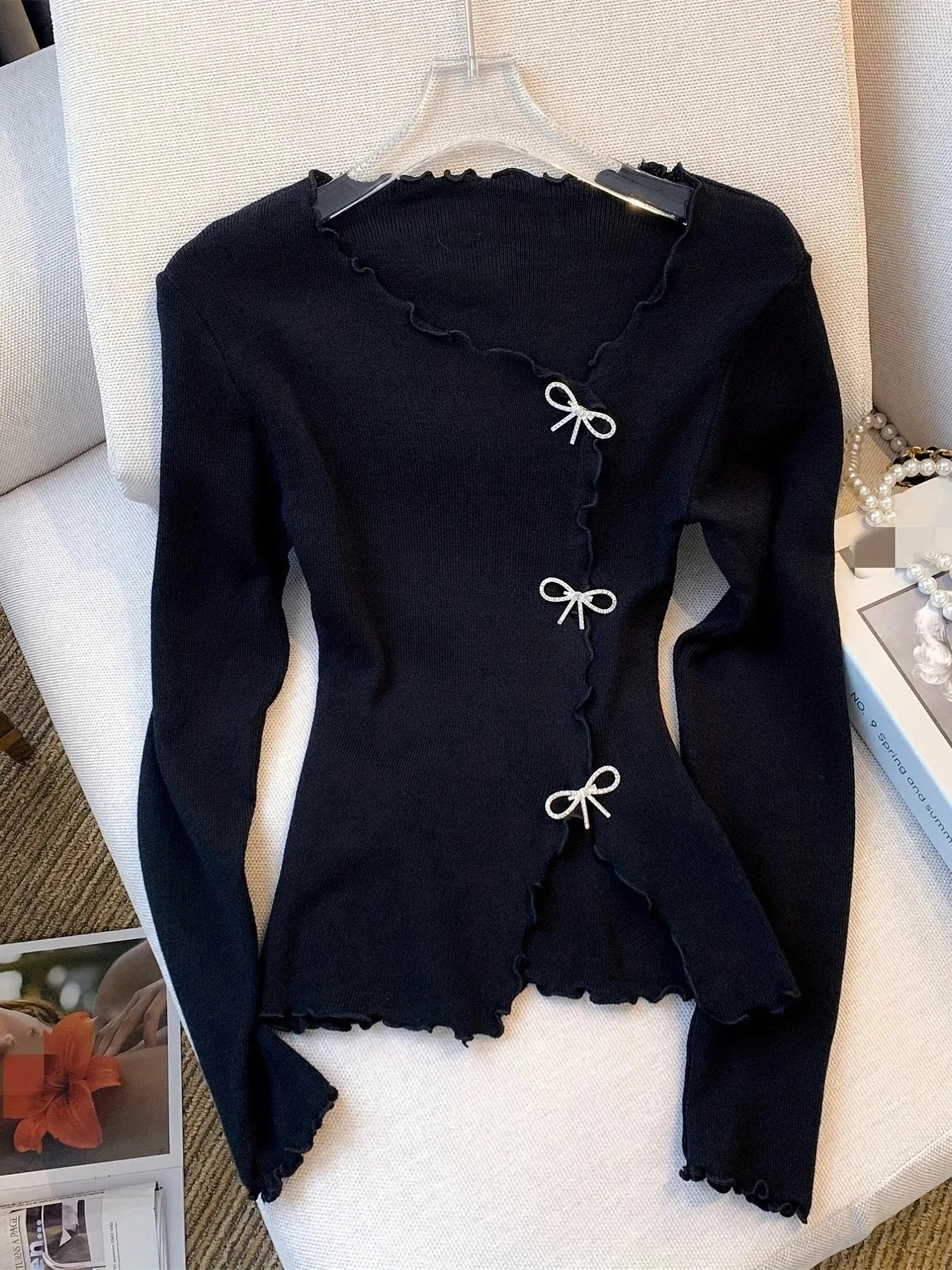Black/White Solid Lettuce Trim Bowknot Pullover Sweater Y2K Casual Long Sleeve Sweater For Spring & Fall Women’s Clothing