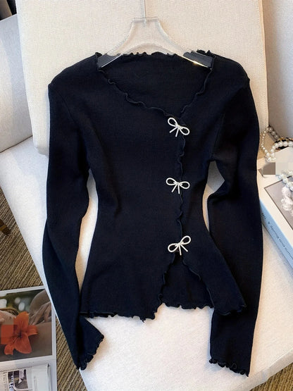 Black/White Solid Lettuce Trim Bowknot Pullover Sweater Y2K Casual Long Sleeve Sweater For Spring & Fall Women’s Clothing