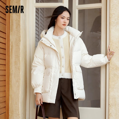 Down Jacket Women Mid-Length Loose Raglan Sleeve Simple Warm Winter Three-Defense Hooded Coat