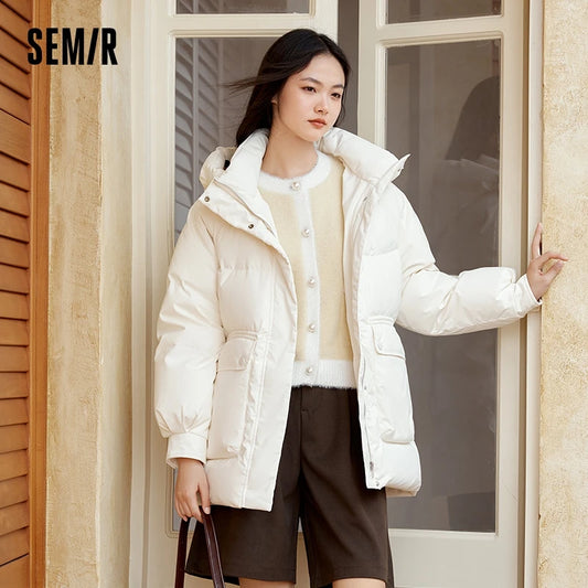 Down Jacket Women Mid-Length Loose Raglan Sleeve Simple Warm Winter Three-Defense Hooded Coat