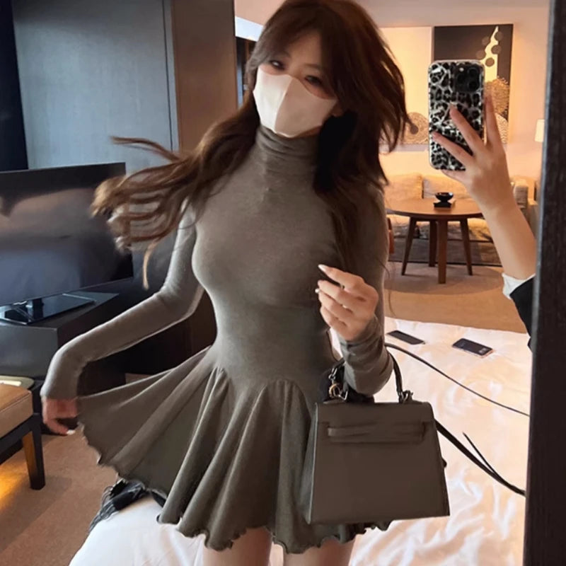 Autumn New Solid Mini Dresses Women Turtleneck Long Sleeve Ruffles A-line Casual Korean Fashion Female Clothing Vestidos Mujer