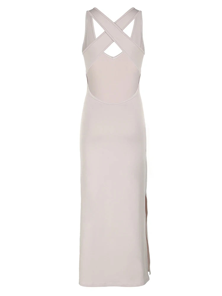 Cross Backless Sexy Long Boho Halter Dresses For Women Khaki Solid Split Elegant Simple Summer Vacation Dress