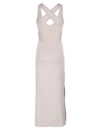 Cross Backless Sexy Long Boho Halter Dresses For Women Khaki Solid Split Elegant Simple Summer Vacation Dress