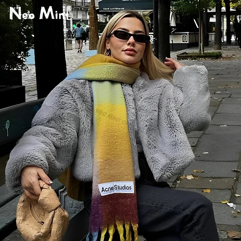 Winter Faux Rabbit Fur Coat Women Chic Fashion Soft Warm Furry Fur Jacket Street Style Girl Outerwear Overcoat