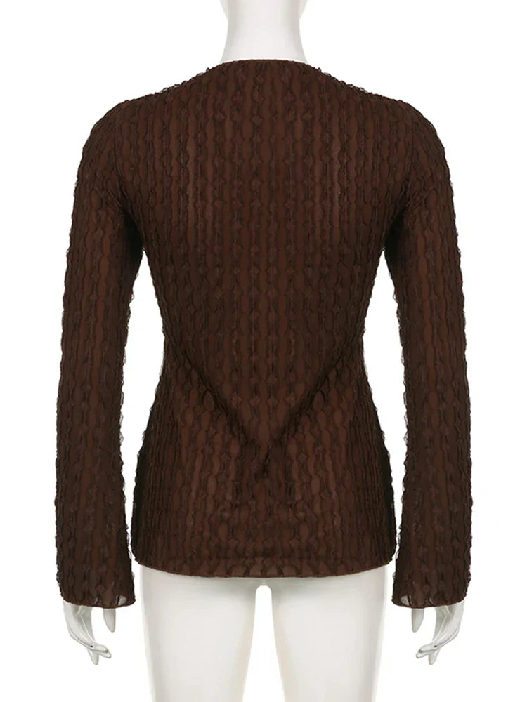 Voguable Lace Butterfly Patchwork Cardigan Top for Y2K Aesthetics Brown Bandage Long Sleeve T Shirts Grunge Fairycore