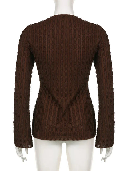 Voguable Lace Butterfly Patchwork Cardigan Top for Y2K Aesthetics Brown Bandage Long Sleeve T Shirts Grunge Fairycore