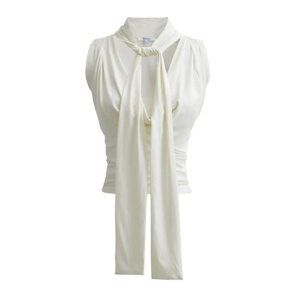 Women Sleeveless Tie Neck Plain Top JERSEY TOP WITH BOW Ruched V-neck Knot Detail Tank Top
