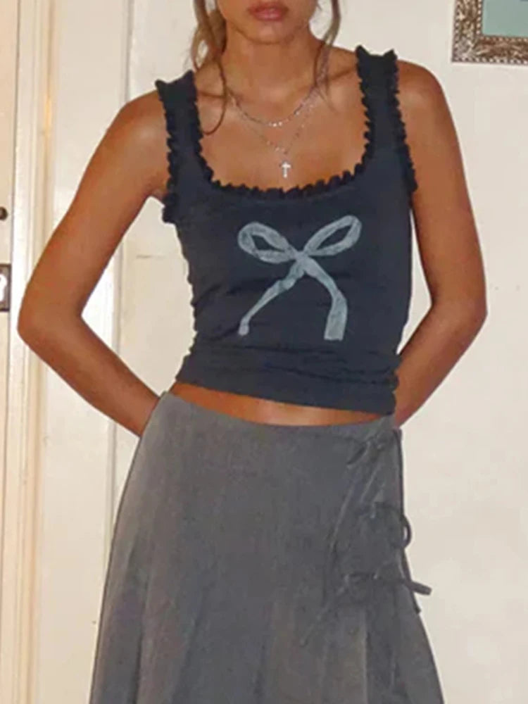 Lace Trim Bow Print Sleeveless Slim Square Collar Y2K Crop Top Women Basic Cute Tank Vest