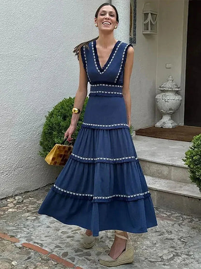 Chic Elegant Tassel Spliced Print Ruffles Long Dress Women Fashion V Neck Sleeveless A-line Robe  Chic Lady Holiday Robe