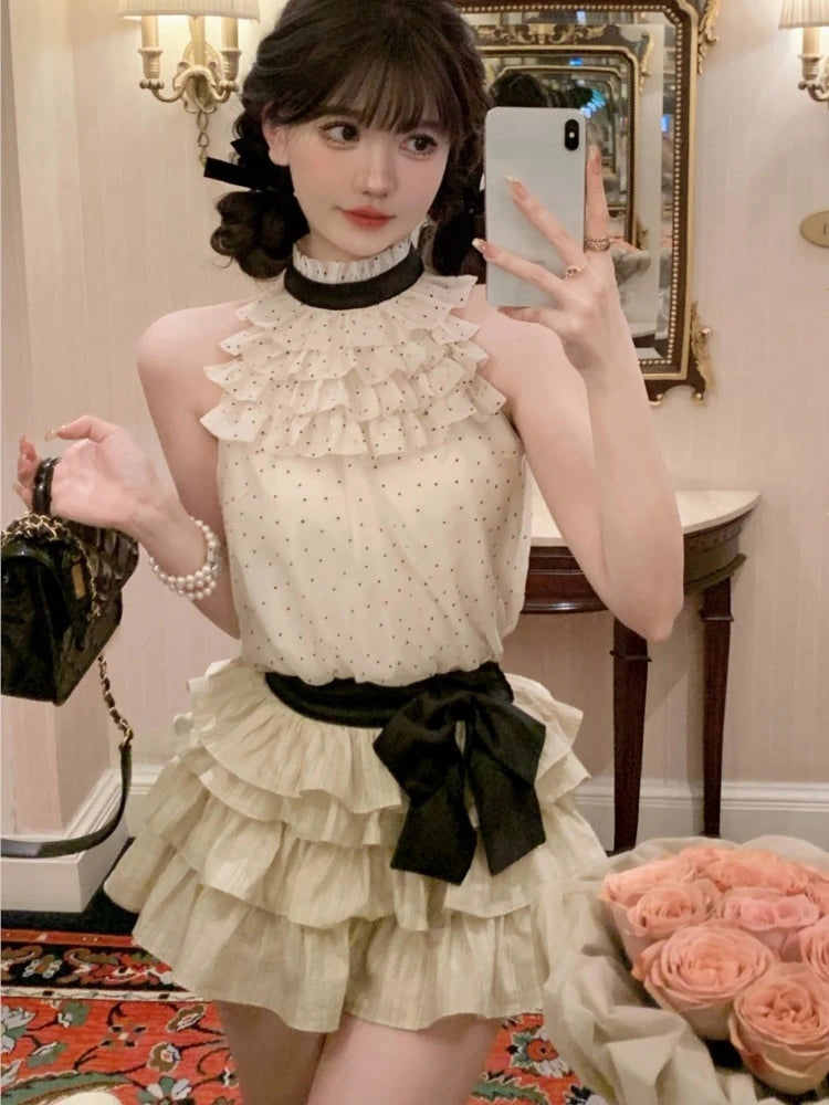 Y2K Polka Dot Two-piece Set Women Chiffon Halter Sleeveless Top Ruffles A-line Cake Mini Skirt Summer New Korean Fashion Outfits