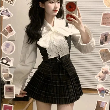 Autumn Korean Retro Sweet 3 Piece Set Women White Shirt + Strap Vest + Pleated Skirt Design College Style Fashion Y2k Suit