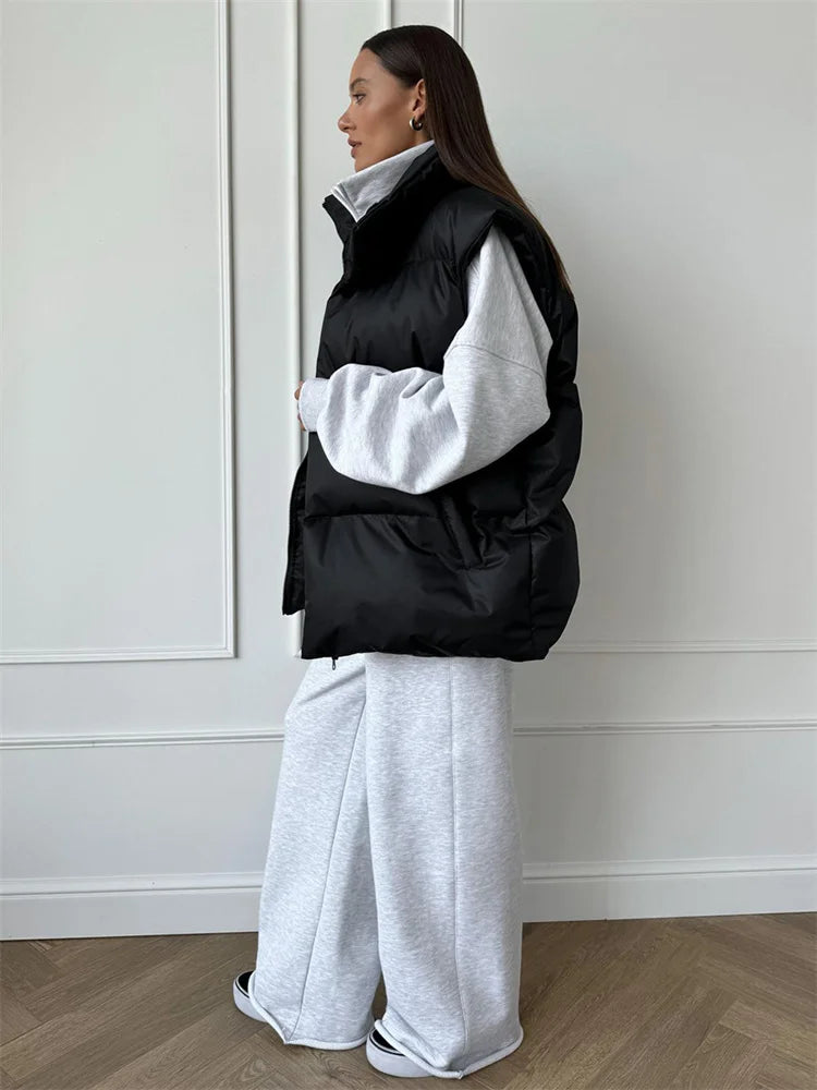 Casual Loose Sleeveless Jackets Parkas Female Winter  New Streetwear Outwear For Women Lapel Tank Top Patchwork Coat