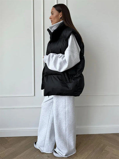 Casual Loose Sleeveless Jackets Parkas Female Winter  New Streetwear Outwear For Women Lapel Tank Top Patchwork Coat
