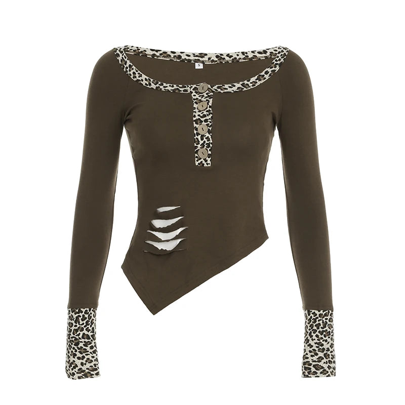 Y2k Trendy Retro Irregular Women¡¯s Tops Long Sleeve Patchwork Leopard Square Collar Button Chic Ripped T-Shirts