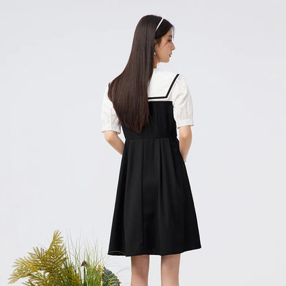 Dress Lapel College Style Short Skirt Playful Sweet Autumn Easy-to-Care Patchwork Little Black Dress