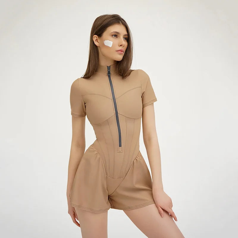 Y2K Cross border Hot Selling Sexy Tight Skirt jumpsuit Spring/Summer New Women’s Round Neck Short Sleeve Zipper Bottom Shirt
