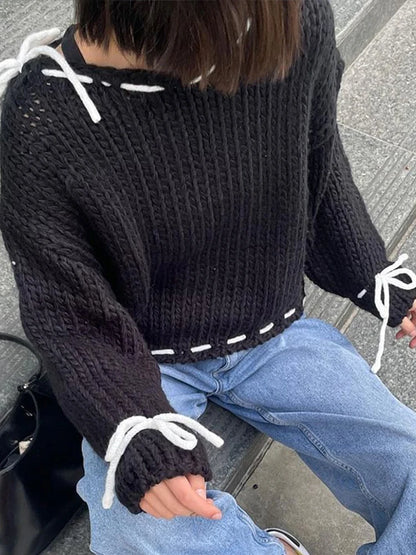 Chic Loose Lace Up Women’s Sweater Elegant Round Neck Long Sleeves Pullover Top Lady Autumn Fashion Streetwear