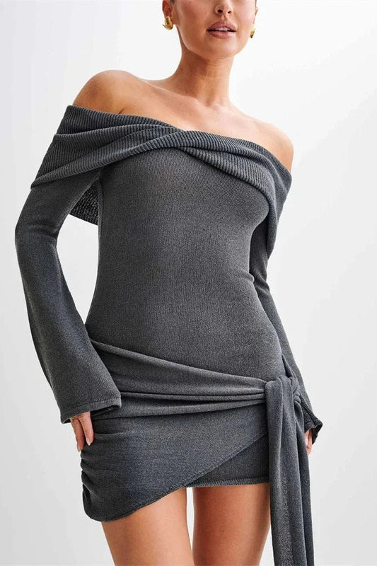 Slim Patchwork Off-Shoulder Long Sleeve Mini Dress