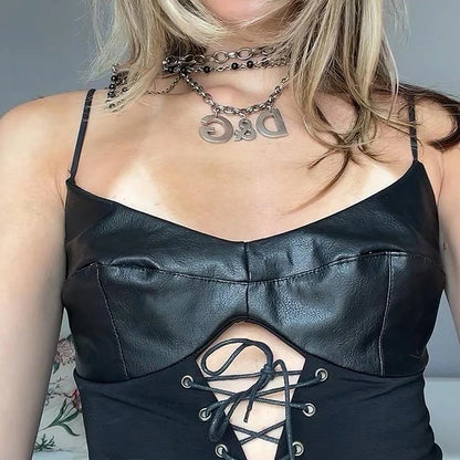 Women Hollow Front Lace-up Camis Top Gothic Style Sleeveless Fitted Crop Tank Tops Punk Sexy Ladies Vest Clubwear
