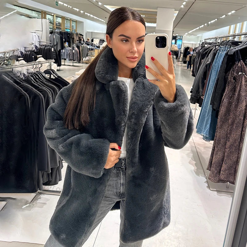 Winter Faux Rabbit Fur Coat Women Brand Designer Thick Warm Outerwear Jacket Fur Collar Classic Dark Gray Overcoat