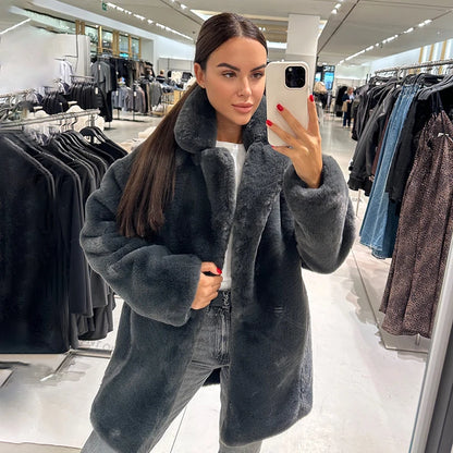 Winter Faux Rabbit Fur Coat Women Brand Designer Thick Warm Outerwear Jacket Fur Collar Classic Dark Gray Overcoat