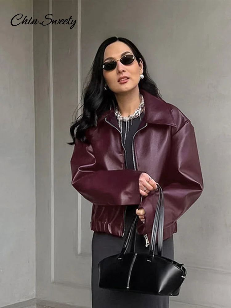 Fashion Lapel Leather Bomber Jacket Women Loose Zipper Long Sleeves Locomotive Coat  Autumn New Lady High Street Outerwear