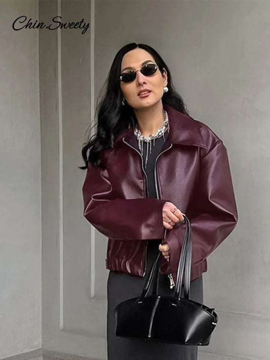 Fashion Lapel Leather Bomber Jacket Women Loose Zipper Long Sleeves Locomotive Coat  Autumn New Lady High Street Outerwear