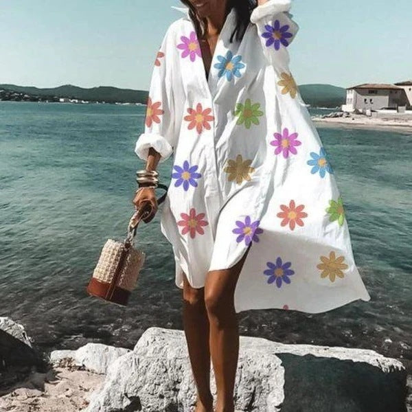 Color Flowers Printed Shirts Dresses Women Fashion Temperament Commuting Loose Midi Shirts Dress Lady Vestidos Spring Summer New