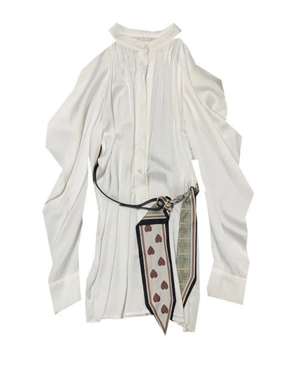 Youth Elegant Off Shoulder White Long Shirt Women Korean Dongdaemun High Quality Puff Sleeve Blouses Tops With Belted  New
