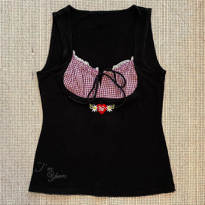 Voguable  Vintage Kawaii Bow Embroidery Mini Dress Patchwork Square Collar Short Sleeve Black Dress Retro Y2K Aesthetic Fairy Clothes