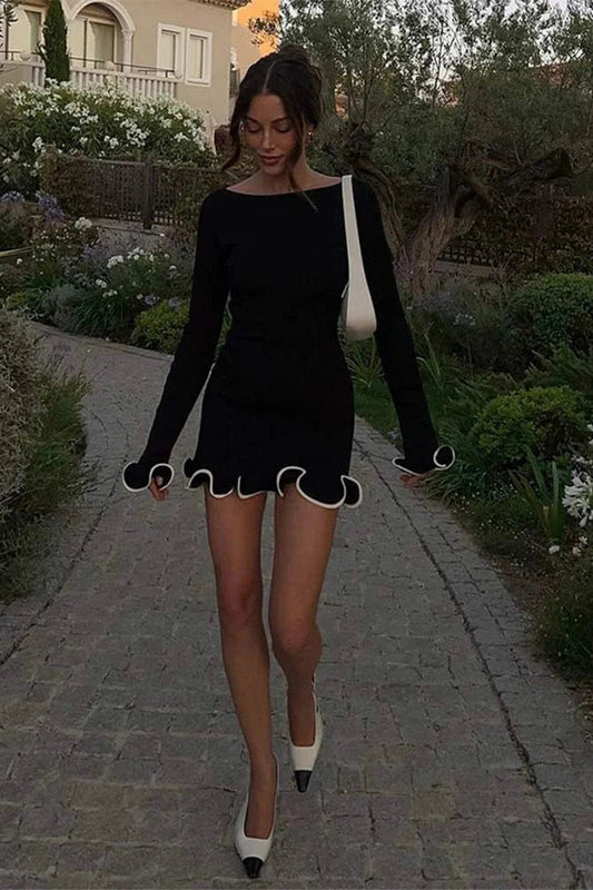 O Neck Long Sleeve Bodycon Mini Dress - Black