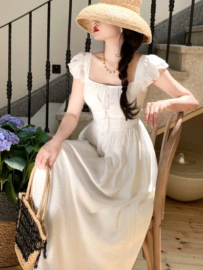Elegant Vintage Midi Dresses for Women Summer New Square Collar High Waist Princess Party Dress Casual A-line Vestido Mujer