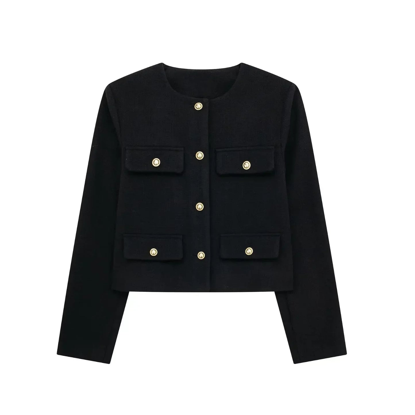 Elegant Solid Button Fake Pocket Jacket Women's Fashion O-neck Long Sleeve Single Breasted Cropped Coats New Lady Chic Outerwear