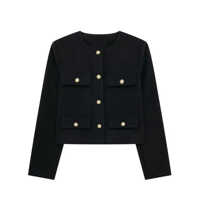 Elegant Solid Button Fake Pocket Jacket Women's Fashion O-neck Long Sleeve Single Breasted Cropped Coats New Lady Chic Outerwear