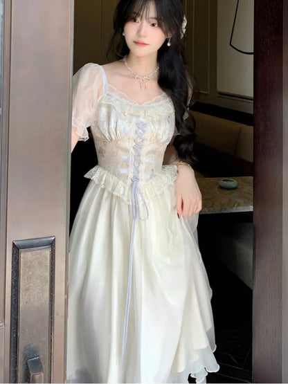 Elegant Princess Birthday Party Dress Puff Sleeve Lace-up A-line Midi Dresses for Women Square Collar Prom Robe Vestidos Mujer