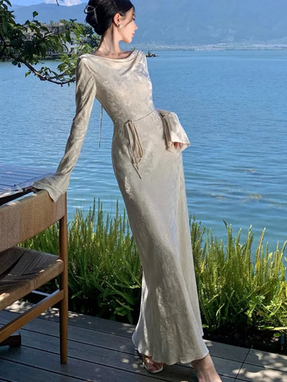 French Vintage Evening Dresses for Women Autumn Bodycon Wedding Prom Robe Flare Sleeve Swinging Collar Midi Vestidos Mujer New