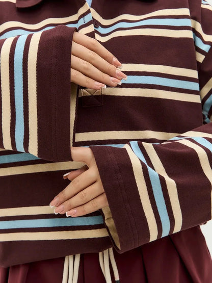 Spring Summer New Women's Retro Striped Polo Collar Oversized Long Sleeve T - Shirt Trendy Casual Loose Basic Top