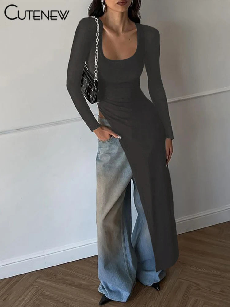Solid Super Long Tops Women Casual Fashion Full Sleeve Square Neck Splited Skinny Tees Solid Concise Female Classic Wear