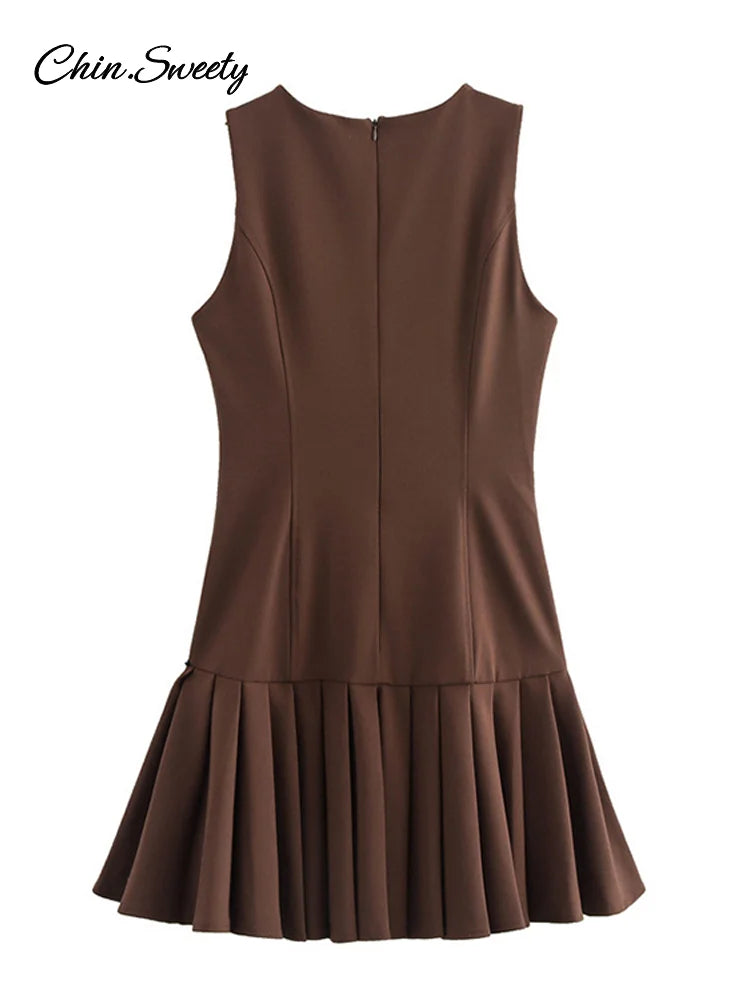 Elegant Pleated Mini Dress Women Brown O-Neck Sleeveless A Line High Waist Party Dresses  Fashion Casual New Zipper Robes