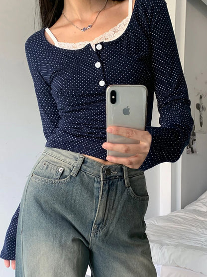 Dot Print Slim Y2K Long Sleeve T-Shirt Women Contrast Lace Patchwork Button Up Square Collar Cute Japanese Kawaii 2000s Tees