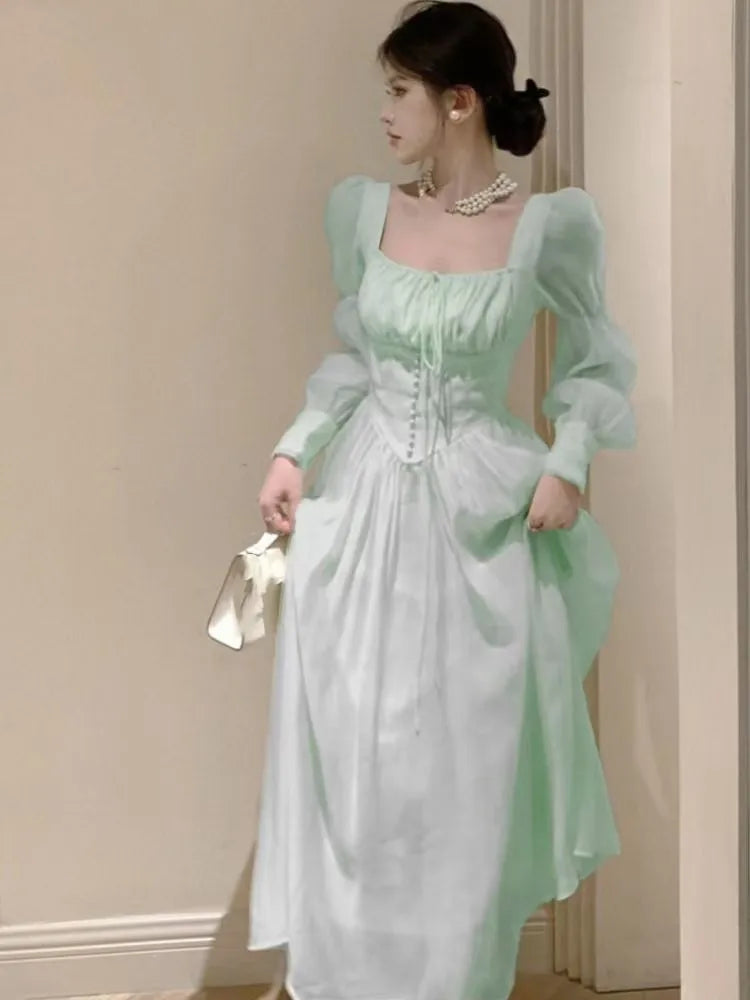 Autumn New Princess Midi Dresses for Women Square Collar Slim Waist Puff Sleeve Vintage Chic Female Clothing One Piece Vestido